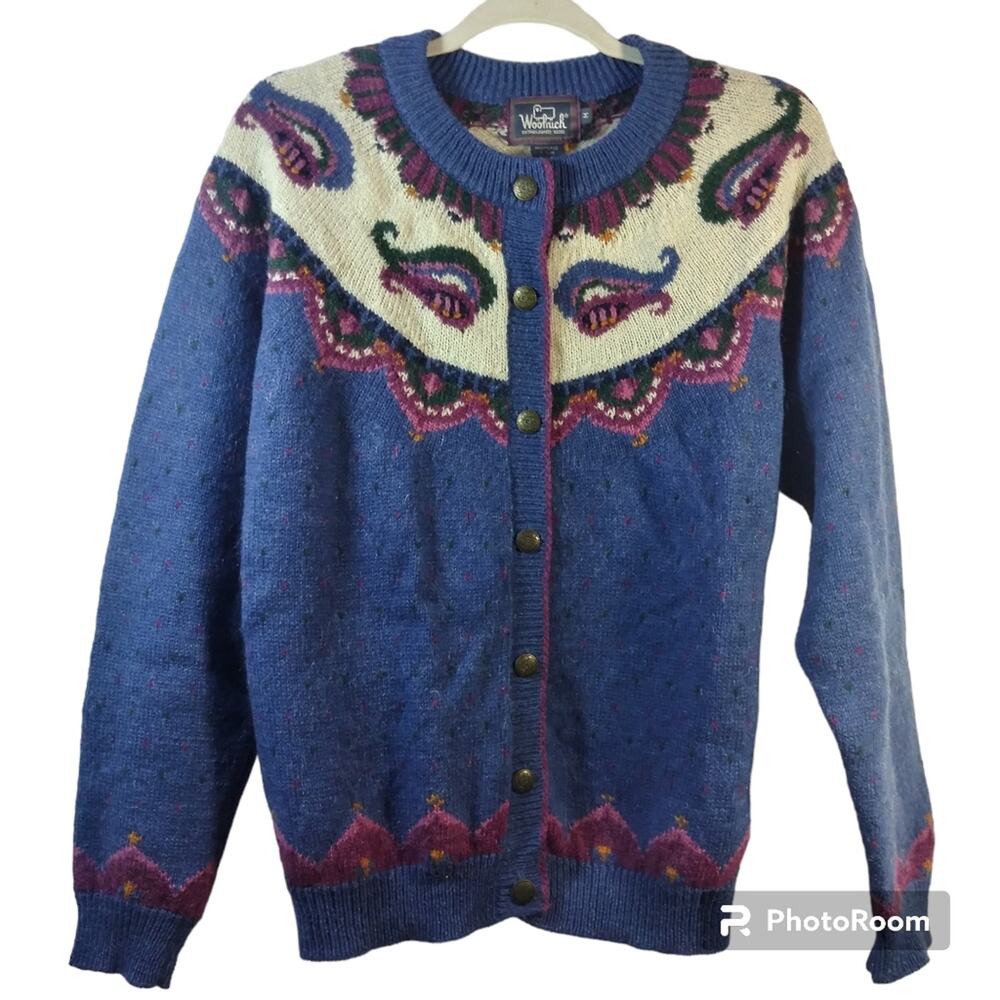 Woolrich Mohair Wool Blend Cardigan Paisley Artic Blue Heather Handframed Medium